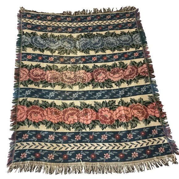 Vintage Woven Floral & Stripe Tapestry Throw Blanket 57"x 49" Fringed Edges - Picture 2 of 4